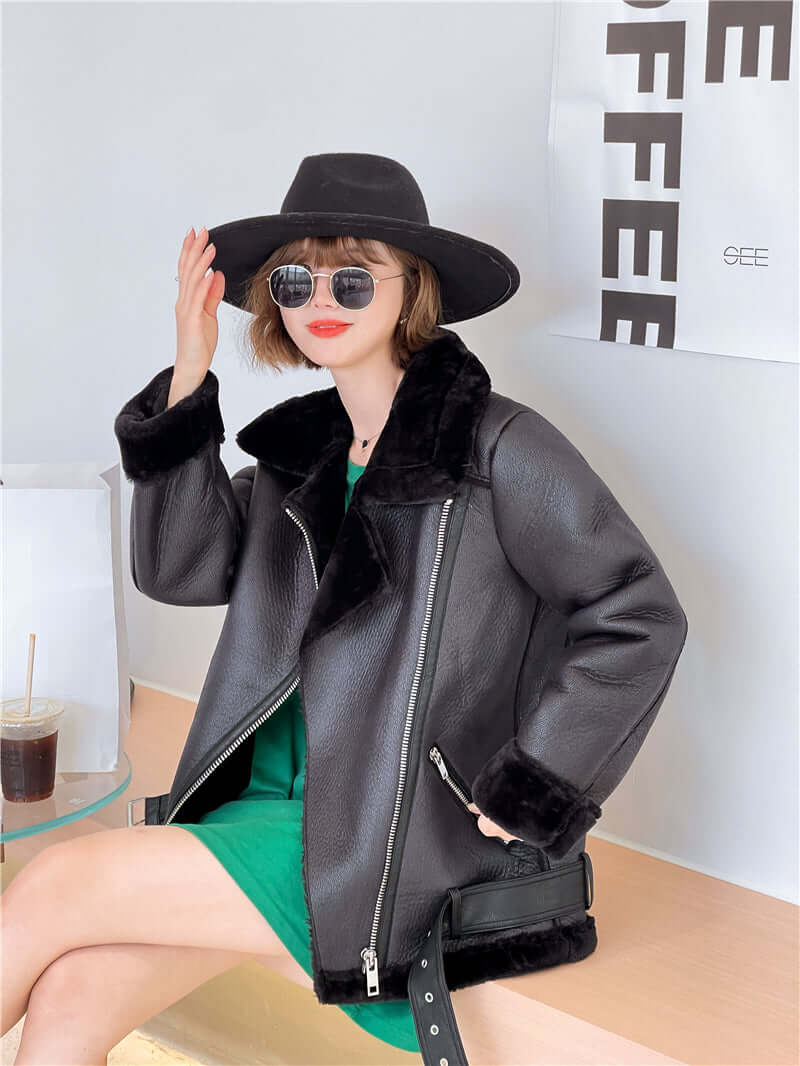 Woman wearing Annabelle aviator sheepskin jacket with a hat and sunglasses, seated indoors.