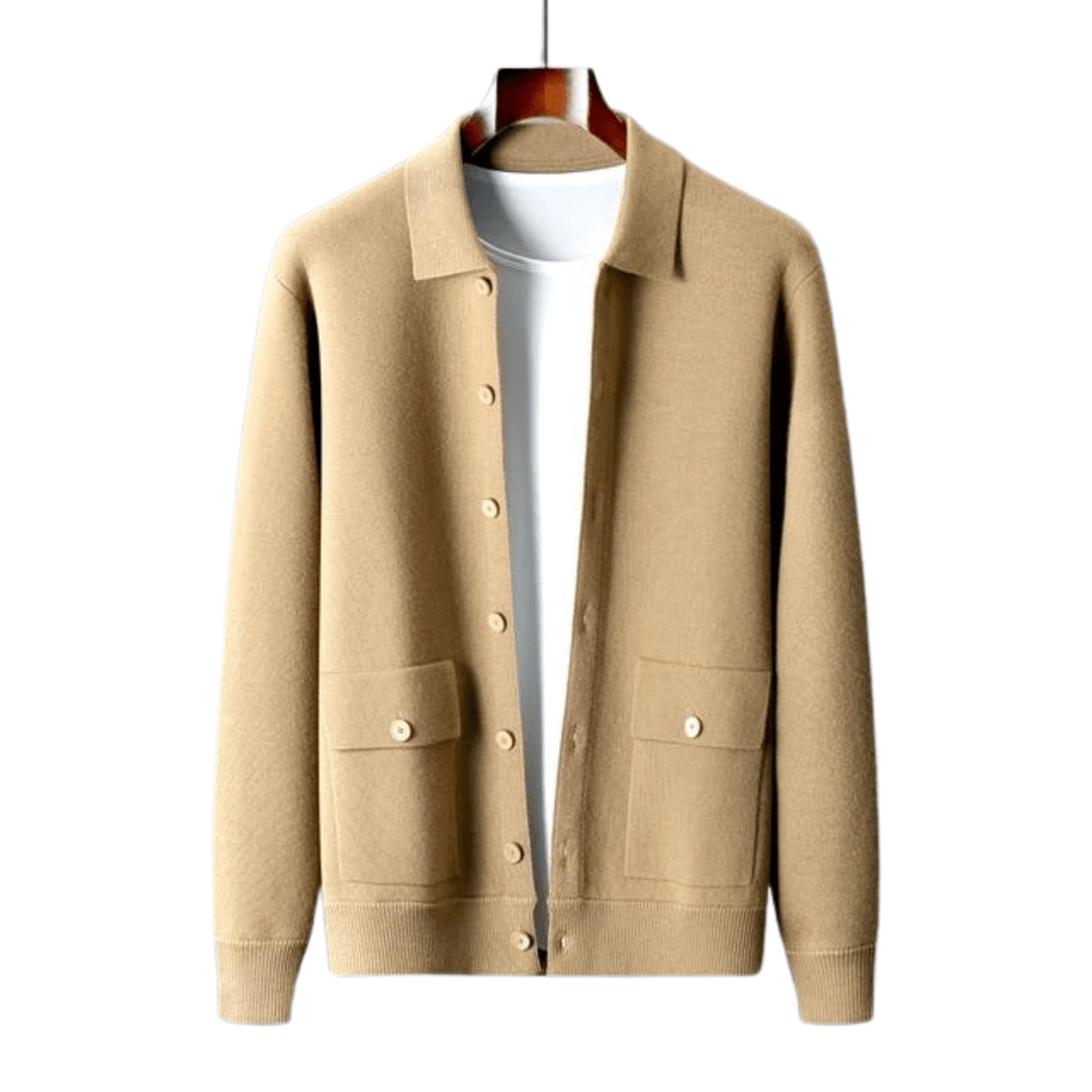 Beige cashmere cardigan on hanger, showcasing luxury and comfort with front pockets, open design, and classic style.