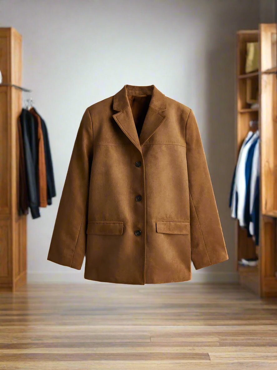Luxurious Amira suede leather jacket in tan with chic silhouette and elegant design.