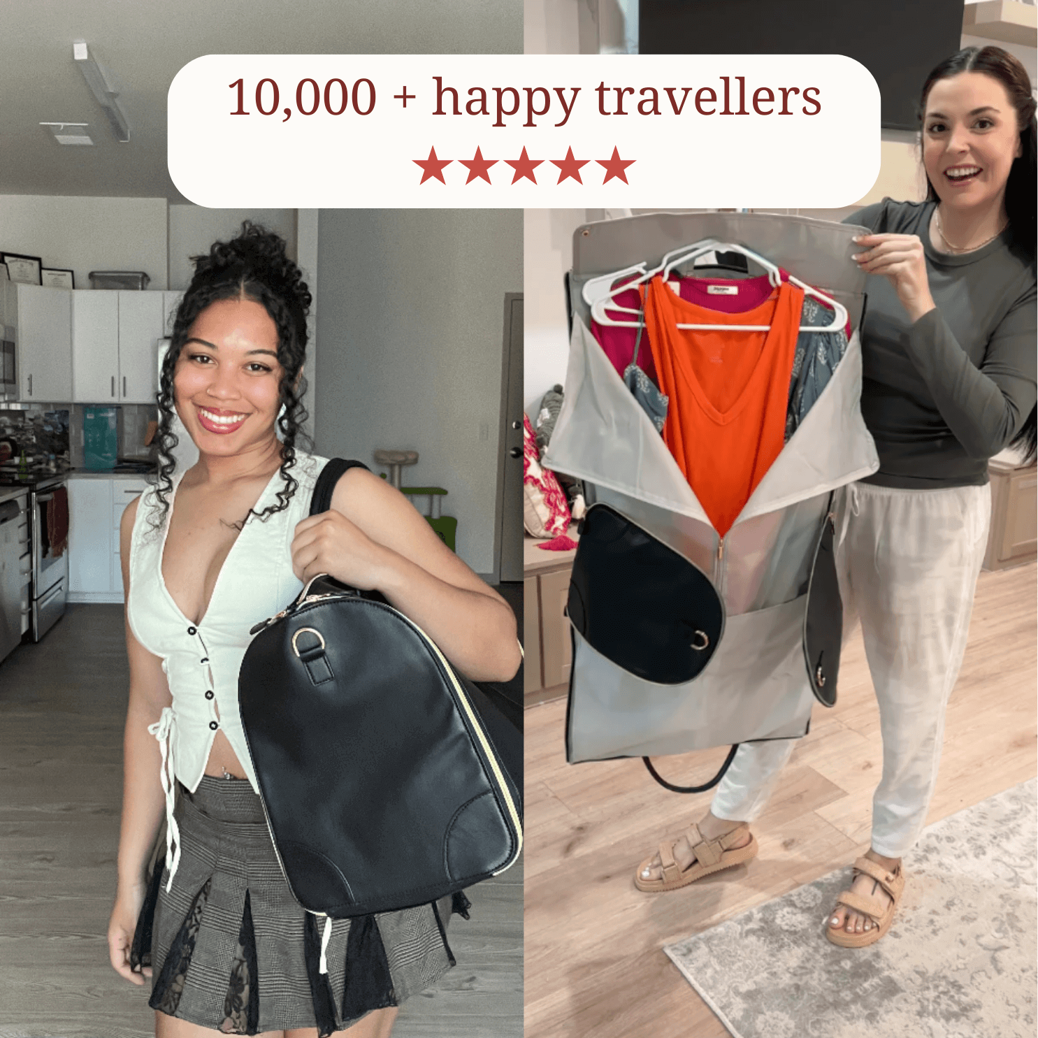Two women showcasing the sleek and spacious VENUS travel bag with clothing storage; over 10,000 happy travelers.