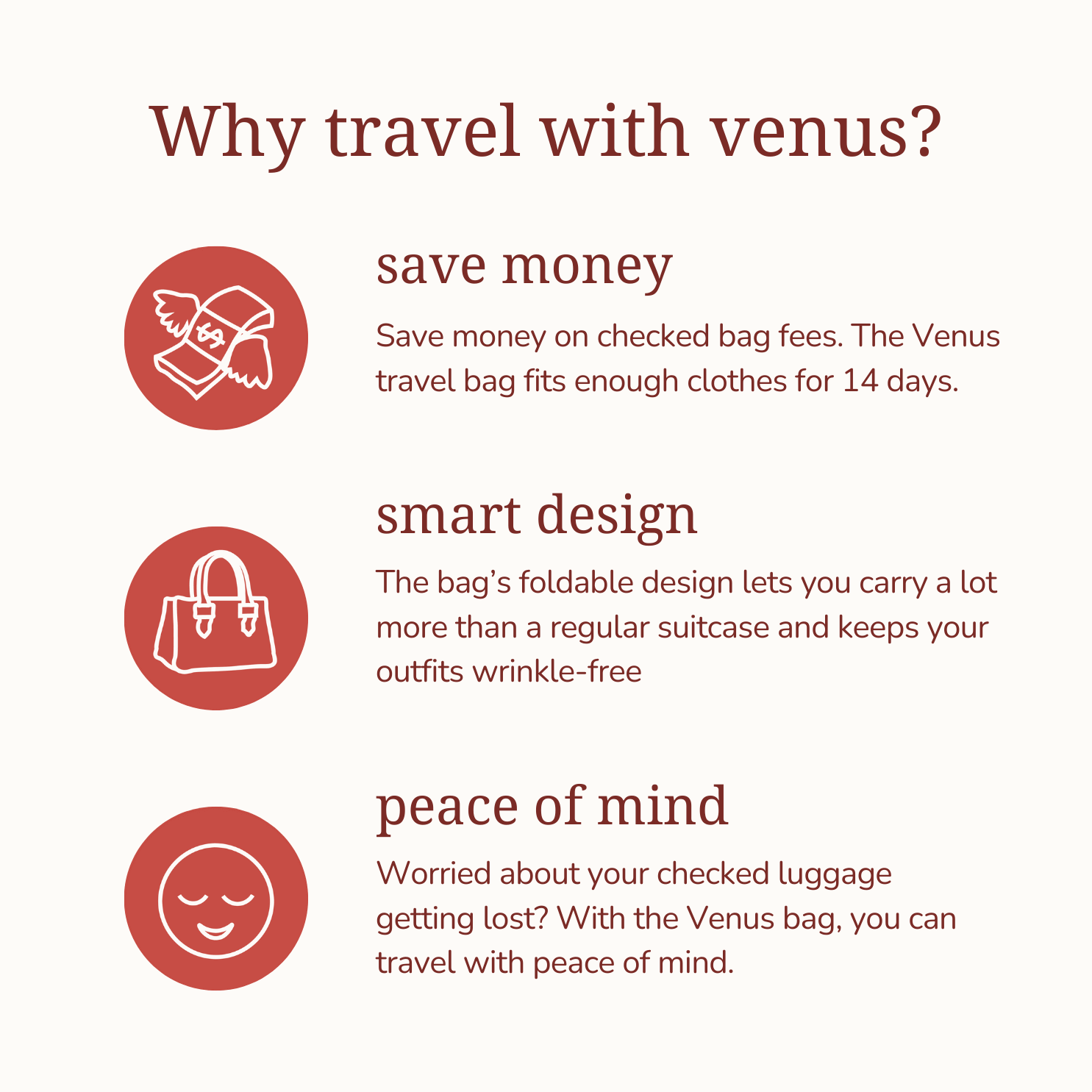 "Benefits of Venus Travel Bag: save money, smart design, peace of mind for efficient and worry-free travel."