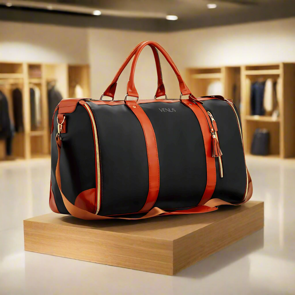 Luxurious VENUS travel bag in black and brown, featuring sleek design and adjustable straps for stylish and comfortable journeys.